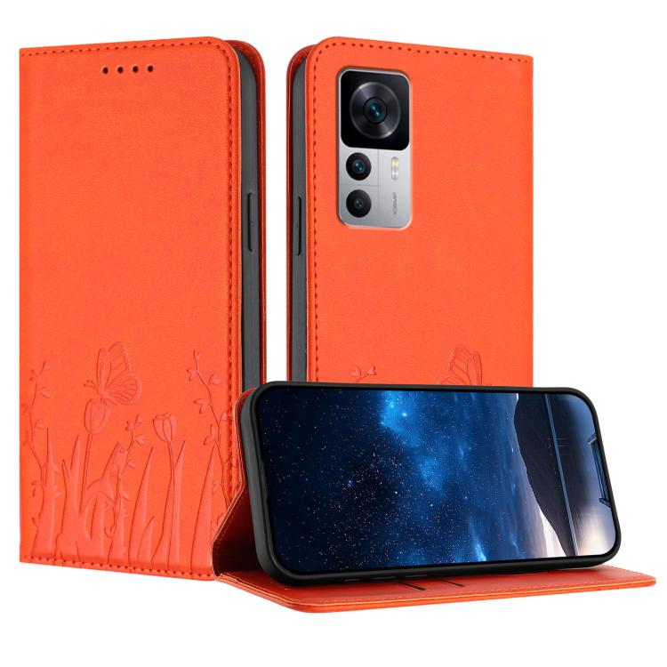 Orange magnetic phone case with tulip and butterfly emboss pattern, flip cover with camera opening