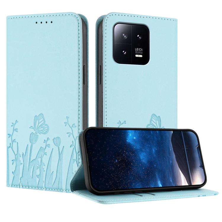 Magnetic vegan leather phone case with butterfly pattern, light blue folio style