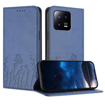 Magnetic vegan leather phone case with butterfly pattern, slate blue folio style