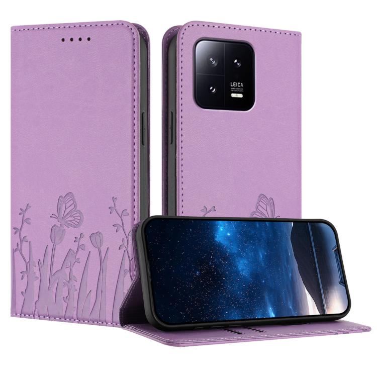 Magnetic vegan leather phone case with tulip and butterfly pattern, light purple