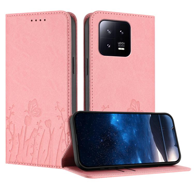 Magnetic vegan leather phone case with tulip and butterfly pattern, pink