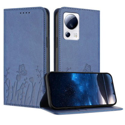 Blue magnetic vegan leather phone case with butterfly and flower pattern, flip stand