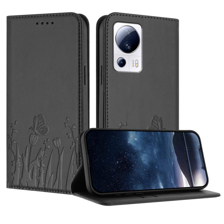 Dark gray magnetic vegan leather phone case with butterfly tulip pattern and stand