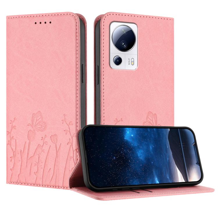 Light pink magnetic vegan leather phone case with butterfly tulip pattern and flip flap