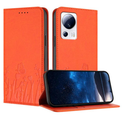Orange magnetic vegan leather phone case with butterfly tulip pattern and camera window