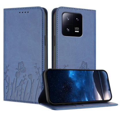 Magnetic vegan leather phone case folio, blue with tulip and butterfly pattern