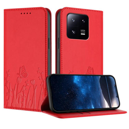 Magnetic vegan leather phone case folio, red with tulip and butterfly pattern