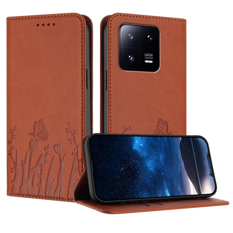Magnetic vegan leather phone case with butterfly pattern, brown folio style