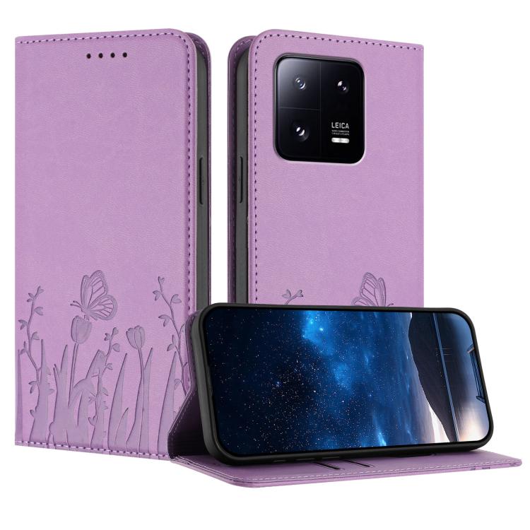 Magnetic vegan leather phone case with butterfly pattern, light purple folio style