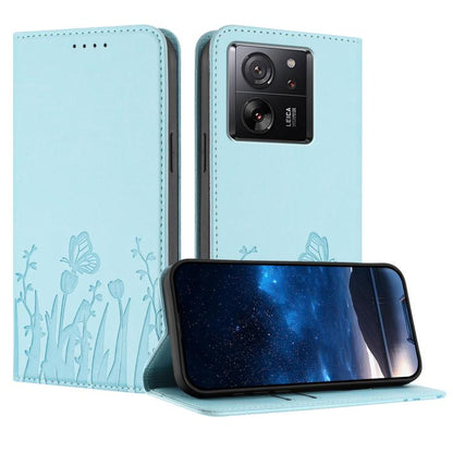 Light blue magnetic vegan leather phone case with tulip-and-butterfly cutout pattern