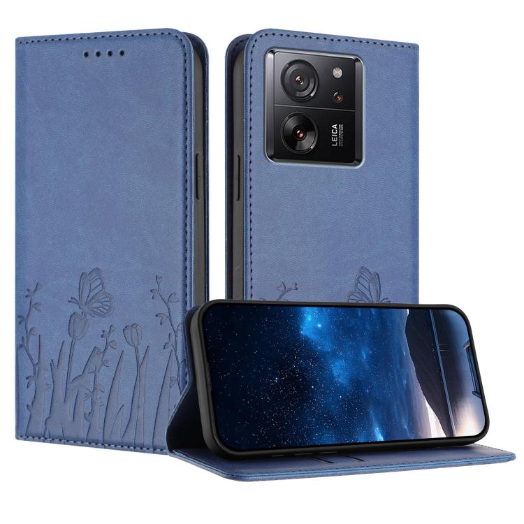 Blue magnetic vegan leather phone case with tulip-and-butterfly cutout pattern