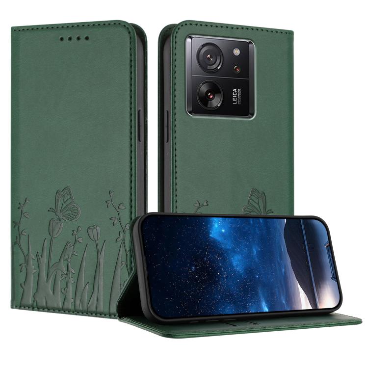 Dark green magnetic vegan leather phone case with butterfly and flower pattern, flip stand