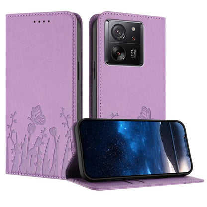 Light purple magnetic vegan leather phone case with butterfly and flower pattern, flip stand