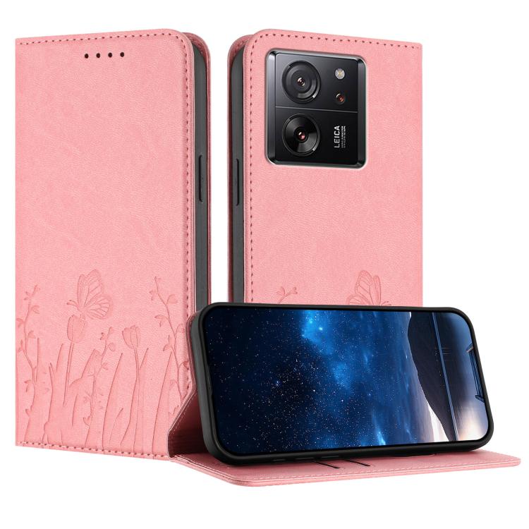 Pink magnetic vegan leather phone case with butterfly and flower pattern, flip stand