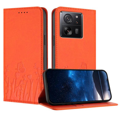 Orange magnetic vegan leather phone case with butterfly and flower pattern, flip stand