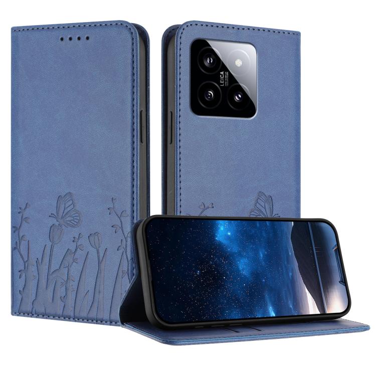 Navy blue magnetic vegan leather phone case with butterfly and tulip pattern folio wallet