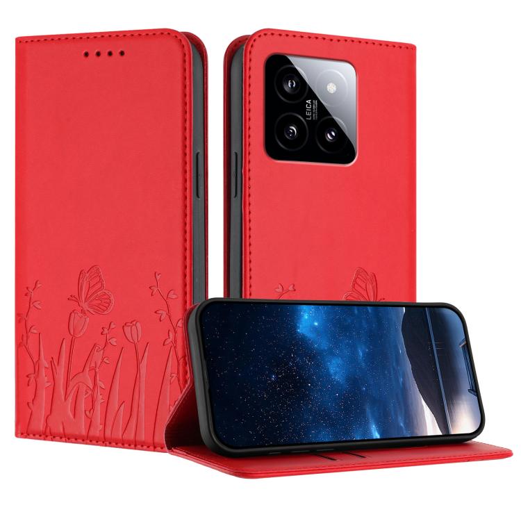 Red magnetic vegan leather phone case with butterfly and tulip pattern folio wallet