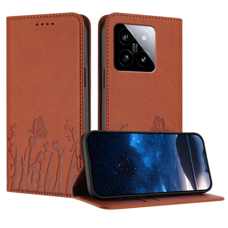 Orange magnetic vegan leather phone case with tulip-and-butterfly cutout pattern