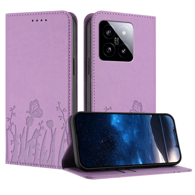 Lavender magnetic vegan leather phone case with tulip-and-butterfly cutout pattern