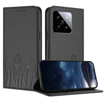 Black magnetic vegan leather phone case with tulip-and-butterfly cutout pattern