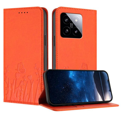 Orange magnetic vegan leather phone case with tulip-and-butterfly cutout pattern