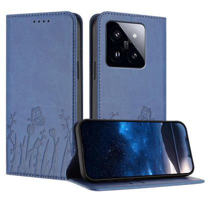 Blue magnetic vegan leather phone case with butterfly tulip pattern, folio style