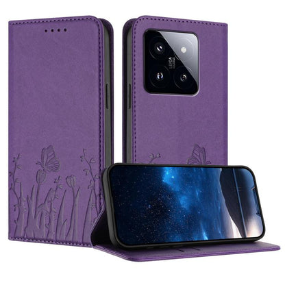 Purple magnetic vegan leather phone case with butterfly and tulip pattern folio wallet
