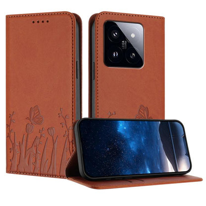 Orange magnetic vegan leather phone case with butterfly and tulip pattern folio wallet