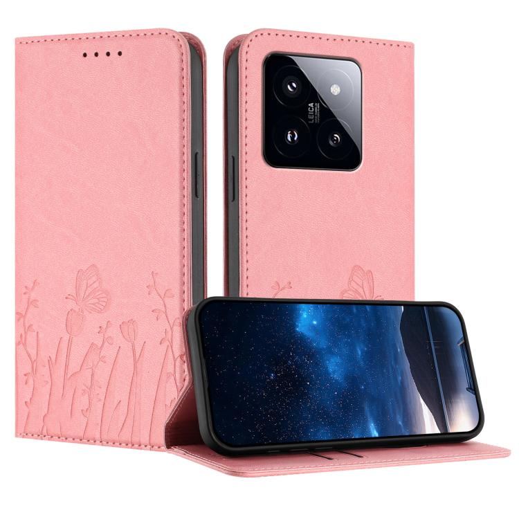Pink magnetic vegan leather phone case with butterfly and tulip pattern folio wallet