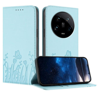 Light blue magnetic flip phone case with tulip and butterfly pattern, with phone open