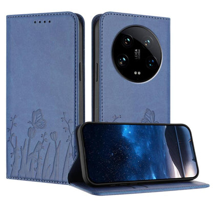 Royal blue magnetic flip phone case with tulip and butterfly pattern, phone open