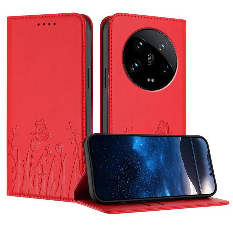 Red magnetic flip phone case with tulip and butterfly pattern, phone open
