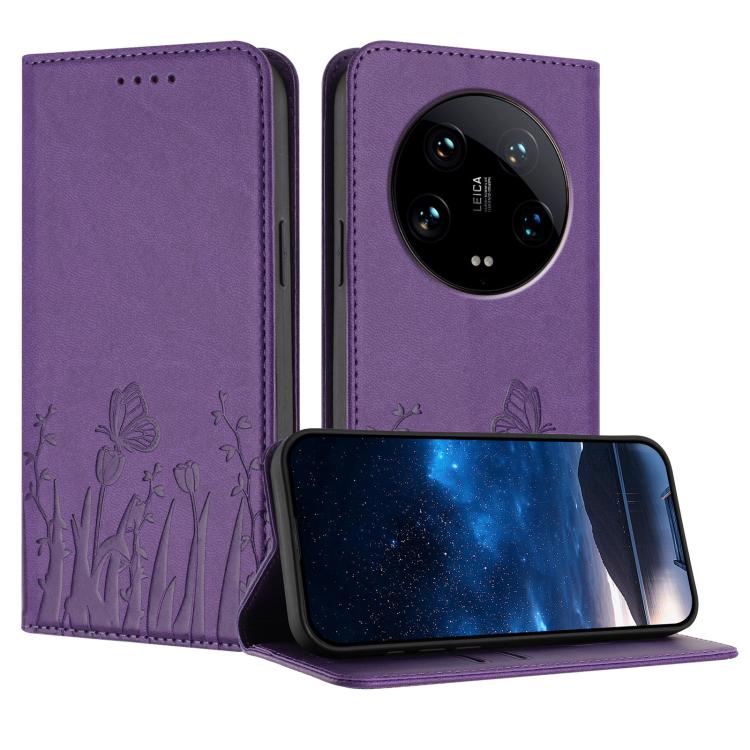 Purple magnetic vegan leather phone case with butterfly tulip pattern, folio style