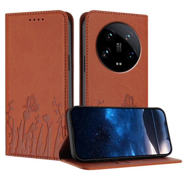 Orange magnetic vegan leather phone case with butterfly tulip pattern, folio style