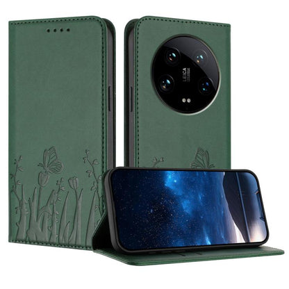 Dark green magnetic vegan leather phone case with butterfly tulip pattern, folio style