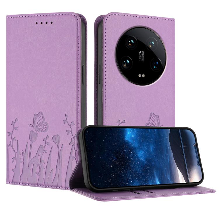 Light purple magnetic vegan leather phone case with butterfly tulip pattern, folio style
