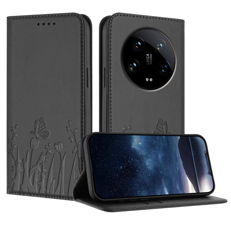 Black magnetic vegan leather phone case with butterfly tulip pattern, folio style