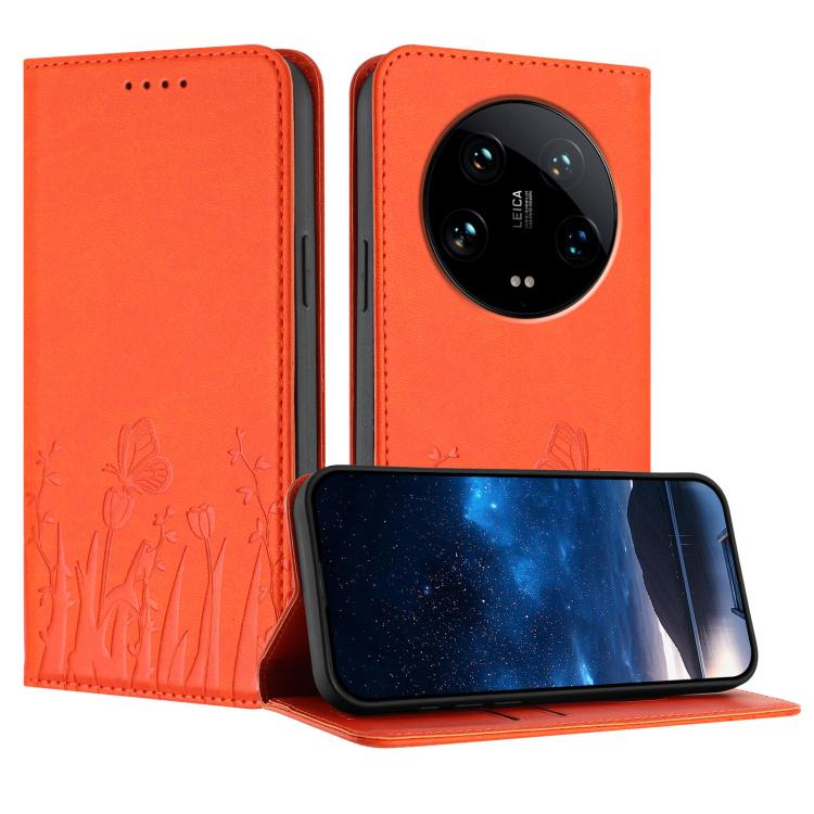 Orange magnetic vegan leather phone case with butterfly tulip pattern, folio style