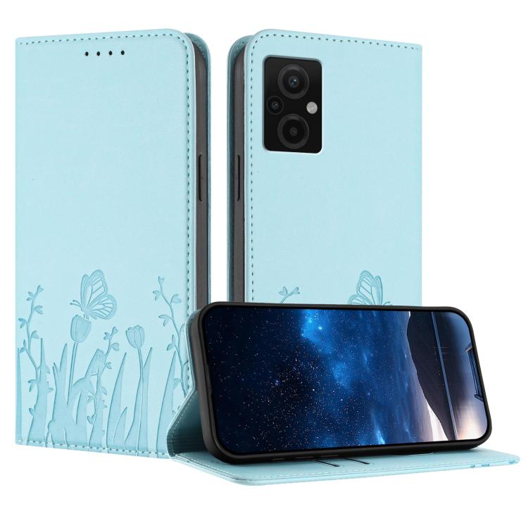 Light blue magnetic vegan leather phone case with butterfly tulip pattern and fold stand