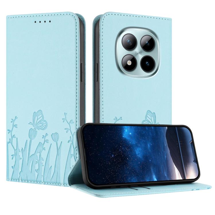 Light blue tulip and butterfly magnetic vegan leather phone case with folio flap.