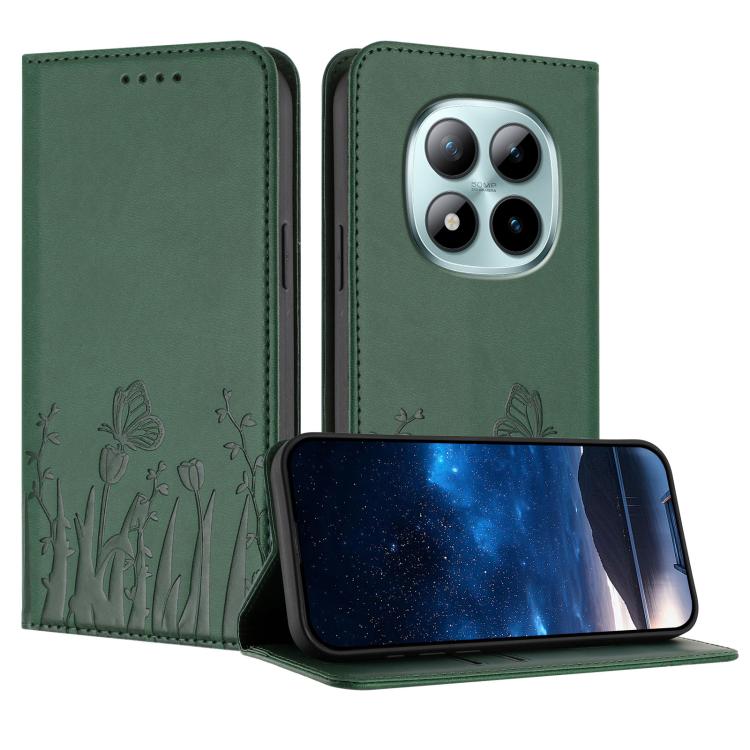 Green magnetic flip phone case with tulip and butterfly cutout pattern