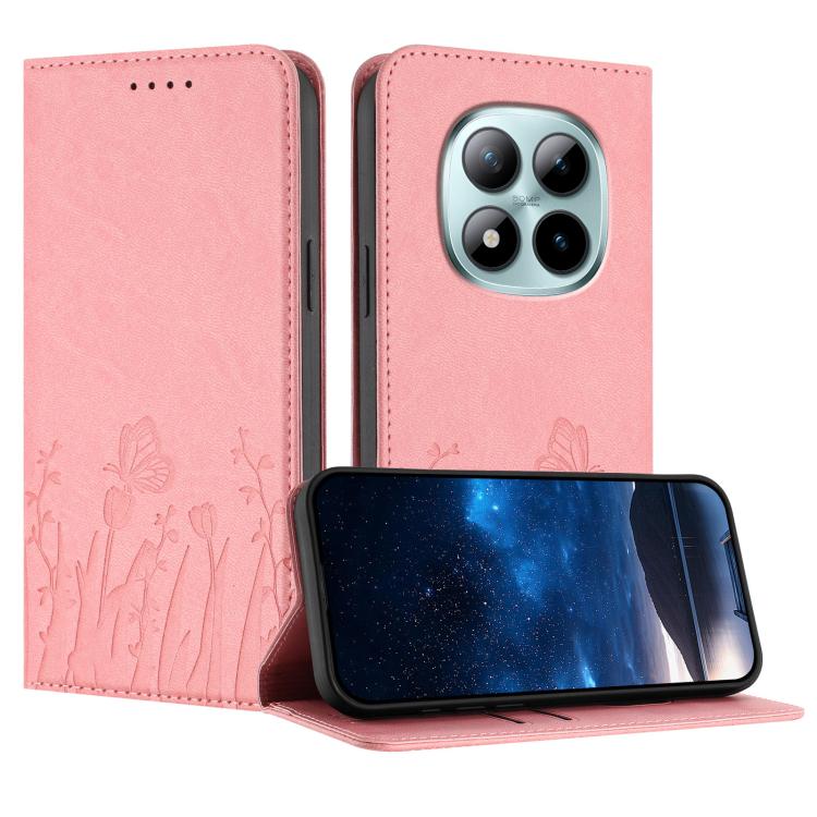 Pink magnetic flip phone case with tulip and butterfly pattern