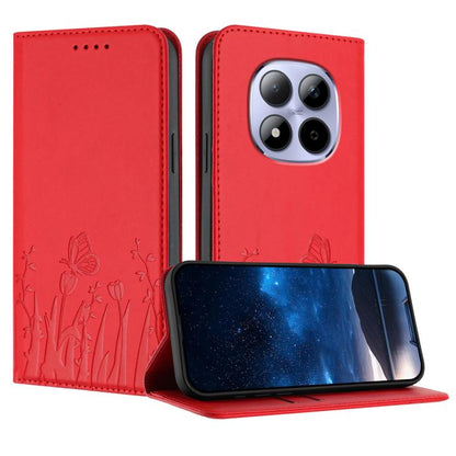 Red magnetic vegan leather phone case with tulip-and-butterfly embossed flip cover stand