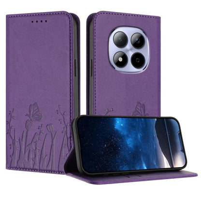Purple vegan leather phone case with tulip and butterfly pattern, magnetic flip cover