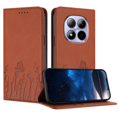 Orange vegan leather phone case with tulip and butterfly pattern, magnetic flip cover