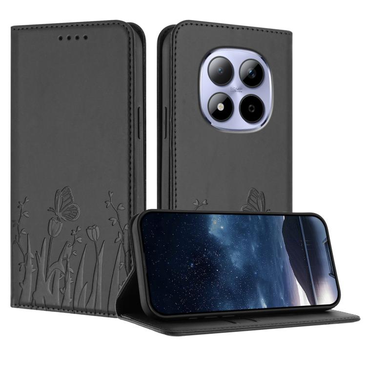 Dark gray vegan leather phone case with tulip and butterfly pattern, magnetic flip cover