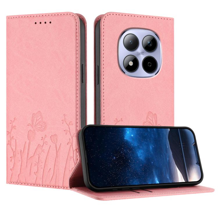 Pink vegan leather phone case with tulip and butterfly pattern, magnetic flip cover