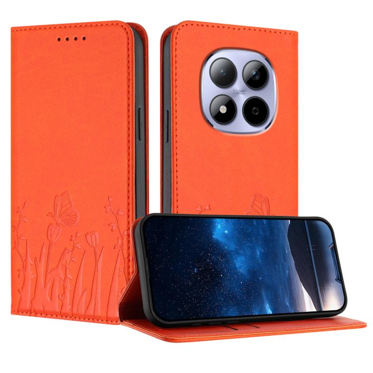 Orange vegan leather phone case with tulip and butterfly pattern, magnetic flip cover