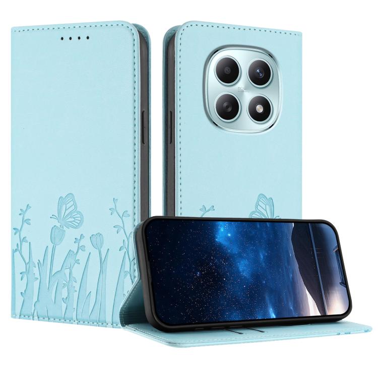 Light blue magnetic flip phone case with tulip and butterfly pattern
