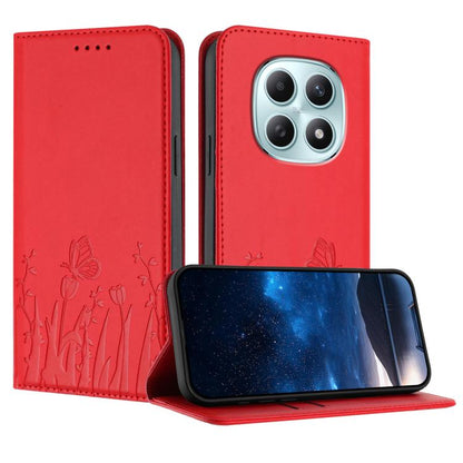 Red magnetic flip phone case with tulip and butterfly pattern